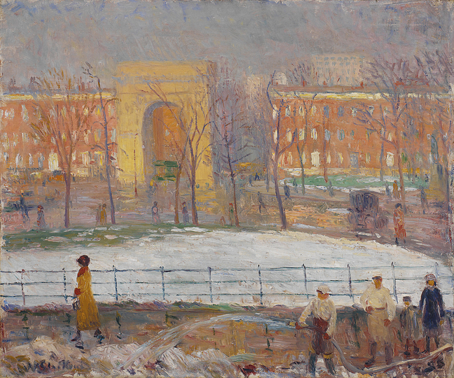 William Glackens: William James Glackens (American, 1870–1938). Street Cleaners, Washington Square, circa 1910. 25 1⁄4 x 30 inches (64.1 x 76.2 cm). Oil on canvas. The Barnes Foundation, Philadelphia and Merion, PA, BF2035
