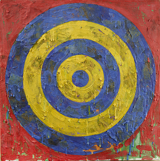 Pop Art 1960s: Jasper Johns, Target 1974, encaustic and newspaper on canvas, 40,6 x 40,6 cm. Museum Ludwig, Köln © VG Bild-Kunst, Bonn 2014. Photo: Rheinisches Bildarchiv