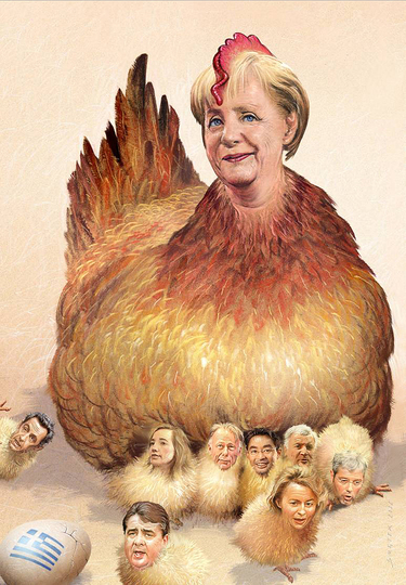 Wieslaw Smetek: Chancellor Merkel as a mother hen gathering her charges under her wings. 