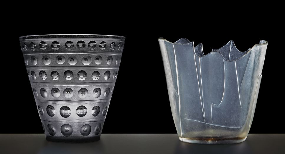 Carlo Scarpa for Venini: Truncated cone-shaped glass vase with velato finish and incisi decorations, ca. 1940–42. Private collection Glass vase with jagged rim, velato finish, and deep incisi decorations, ca. 1940–42 Private collection *Part of the Incisi series, 1940-1942