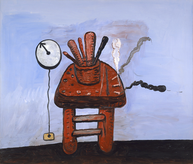 Philip Guston - Late Works: Philip Guston, Studio Bench, 1978, Oil on canvas, 172.7 x 203.2 cm. Private collection © The Estate of Philip Guston