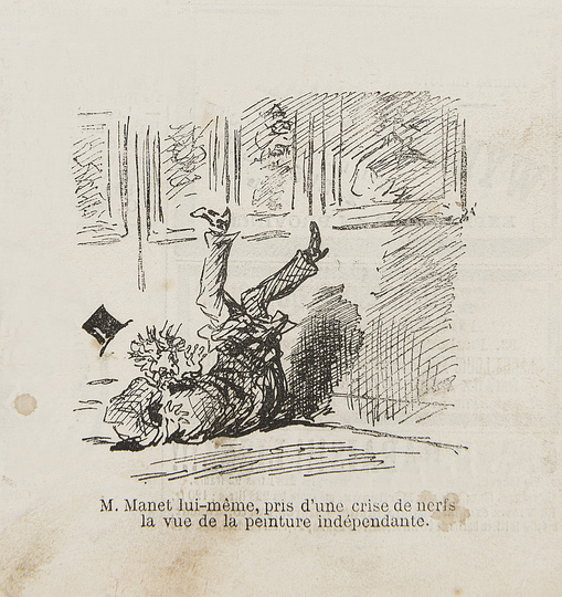 Monet and the Birth of Impressionism: Amédée Charles Henri de Noé (1819-1879), M. Manet liu-même, pris d ́une crise de nerfs la vue de la peinture indépendante, 1879. Published in: Le Charivari, 27. April 1879. Städel Museum, Frankfurt am Main. Photo: Städel Museum – ARTOTHEK © Städel Museum, Frankfurt am Main