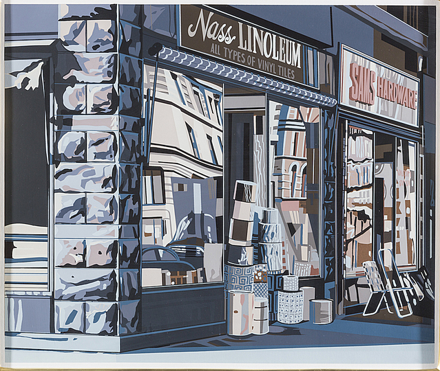 Richard Estes´ New York: Urban Landscapes I: Nass Linoleum, 1972, Richard Estes, Silkscreen printed on Schoellers Parole paper, 15 3/8 x 18 3/8 in. (39.1 x 46.7 cm) Courtesy of a private collection. Photo by Dennis and Diana Griggs