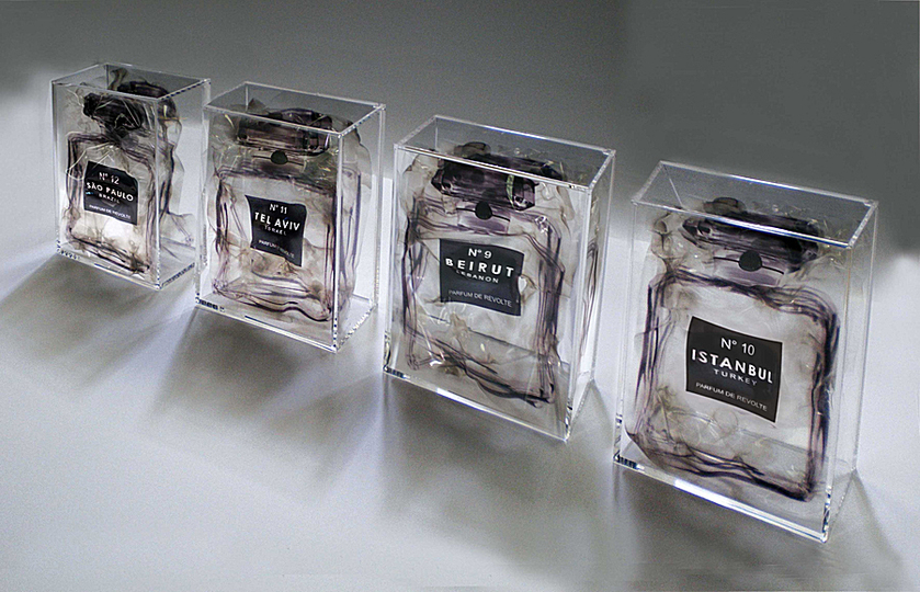 Contemporary Istanbul 2013: Hayat, Les Parfums de Revolte, 2013, digital prints on transparent film, burnt and enclosed in plexiglass boxes, 20 x 15 x 6 cm. Mark Hachem Gallery, Paris.