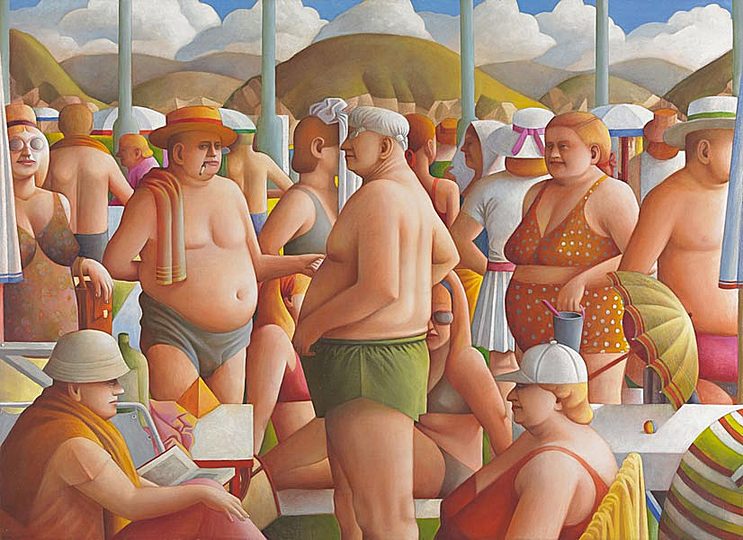 Summertime: Wolfgang Herzig perhaps really saw his bathers in the Vienna Gänsehäufel like that. Bathers by Wolfgan Herzig, 1973, oil on canvas, Photo: © Sammlung Essl Privatstiftung.