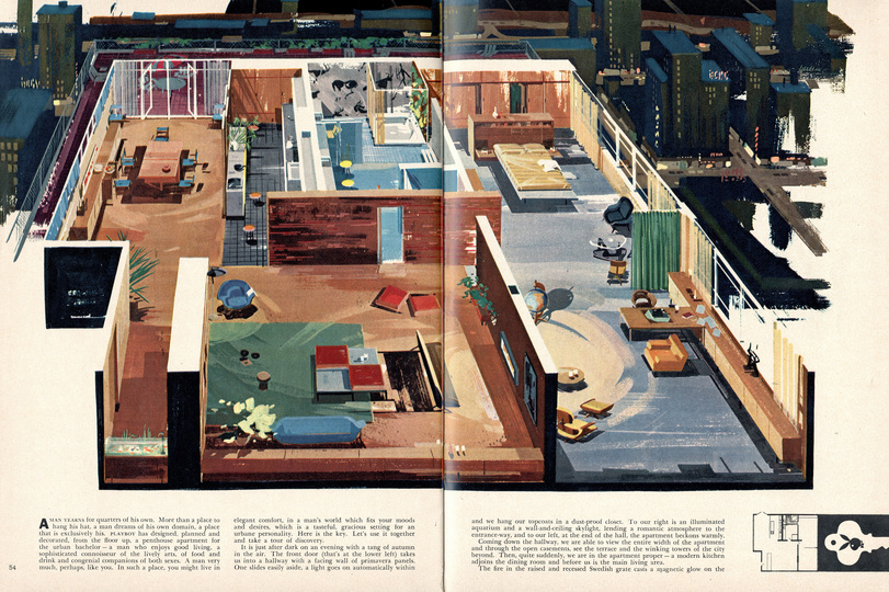 Playboy Architecture: Playboy's Penthouse Apartment James E. Tucker, Designer, Bird's eye view, September 1956 Playboy Issue © Playboy Enterprises International, Inc.