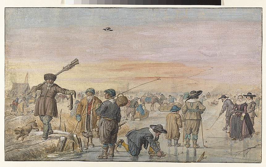 The Joys of Ice Skating: IJsgezicht met jager die een otter toont, Hendrick Avercamp, 1595 - 1634