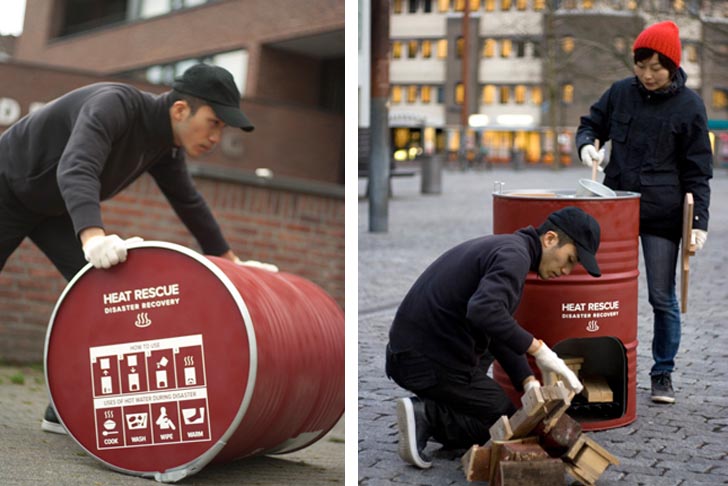 Design for Disaster: Recycled from disused metal barrels, Hikaru Imamura's Heat Rescue Disaster Recovery Kit is able to deliver warmth and food to up to 2,000 earthquake victims for 2 days. 