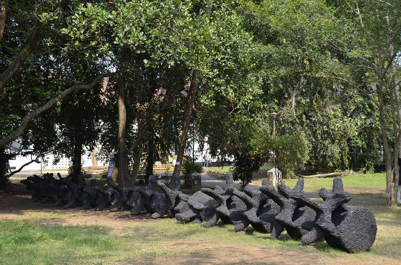 Kochi Biennale 2014: Shanthamani Muddaiah's work titled 'Backbone' at Aspinwall House, Fort Kochi. The artist has used cement and cinder - 7 x 5 x 71 ft - Dimensions variable