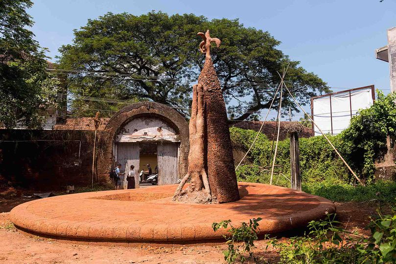 Kochi Biennale 2014: Valsan Koorma Kolleri's 'How Goes the Enemy' is installed at Cabral Yard, Fort Kochi. The artist has used laterite, mud and baked earth.