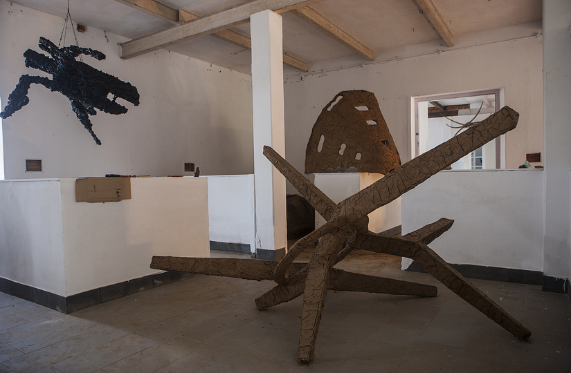 Kochi Biennale 2014: Sahej Rahal's 'Harbinger' installed at Aspinwall House, Fort Kochi. The artist has used clay, polyurethane, hay, found objects.