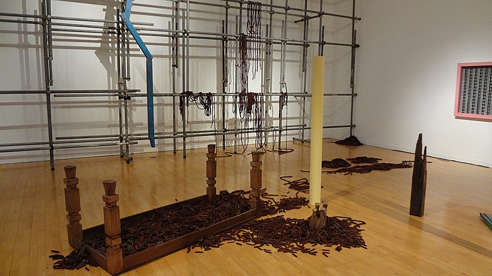 Kochi Biennale: Sheela Gowda, Of All People, wood, metal, paint, print on paper, 2011