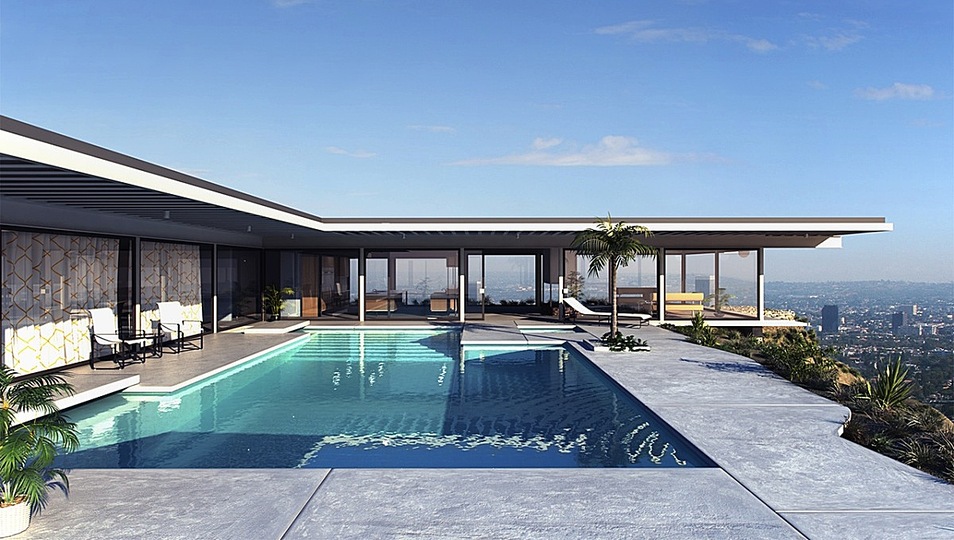 Stahl house: The private and public sectors are connected by a hallway.  Compositionally adjacent is the swimming pool that one must cross in order to get into the house; it is not only a spatial division of public and private but its serves as the interstitial space that one must pass through in order to experience the panoramic views.  The living space of the house is set back behind the pool and is the only part of the house that has a solid wall.