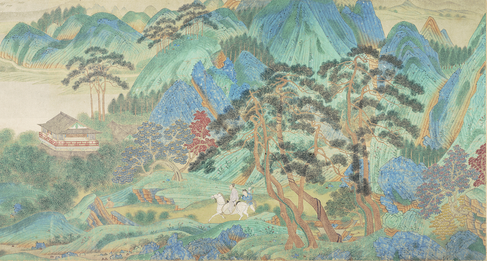 Masterpieces of Chinese Painting 700-1900: Many pictures were made for seasonal festivals or other auspicious occasions. Others were nostalgic evocations of earlier classical periods such as Qiu Ying’s Saying Farewell at Xunyang, which draws on the bright blue and green landscapes reminiscent of the Tang dynasty to convey a fairytale quality. Saying Farewell at Xunyang (detail) Artist: Qiu Ying (1495-1552) Date: 1st half of 16th century Credit line: The Nelson-Atkins Museum of Art, Kansas City, Photograph: John Lamberton