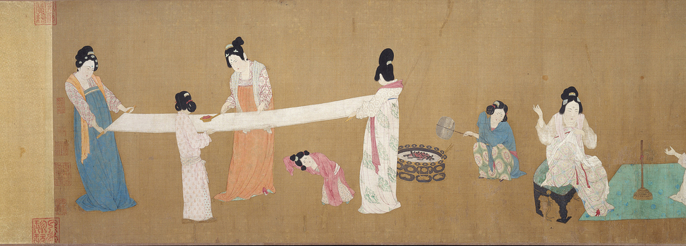 Masterpieces of Chinese Painting 700-1900: Du Jin’s Court Ladies in the Palace, which shows ladies playing football in the palace before the custom of foot binding became commonplace. Court Ladies Preparing Newly Woven Silk (Detail) Artist: Possibly Emperor Huizong Date: Early 12th century Credit line: Photograph ¬© 2013 Museum of Fine Arts, Boston