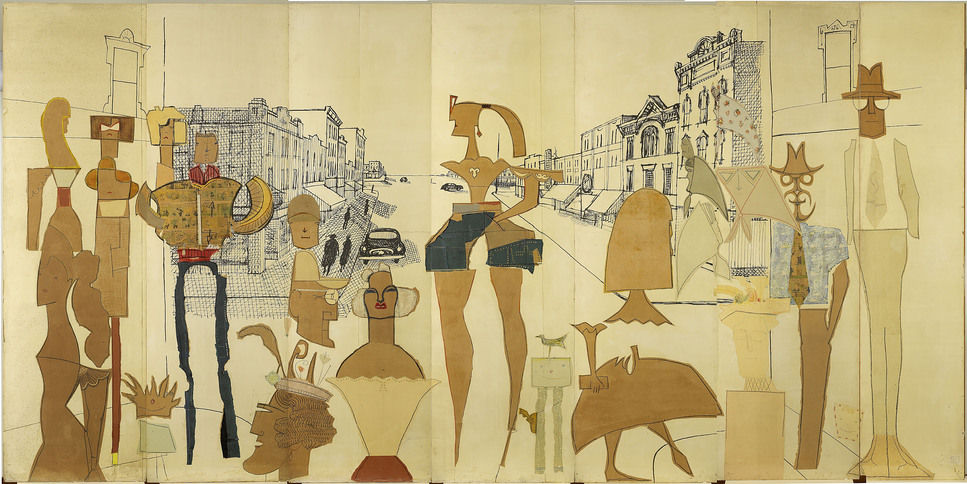 Saul Steinberg - The Americans: The Americans. Main Street – Small Town, 1958. Collage of wrapping paper, wallpaper, cut out or wrapped out illustrated newspaper pages, adhesive tape, wax crayon, pastel, oil on printed photo-paper, glued on cardboard and attached on double-thick Triplex-plate 6 panels each 300 x 90 cm, 1 panel 300 x 65,5 cm. Musées royaux des Beaux-Arts de Belgique, Bruxelles © The Saul Steinberg Foundation / VG Bild-Kunst 2013.