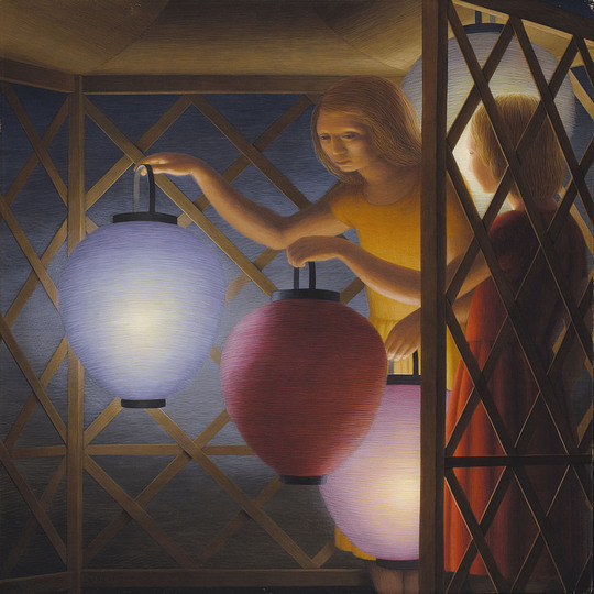 Through the Eyes of George Tooker: In the Summerhouse, 1958, 
egg tempera on fiberboard
24 x 24 in. (61.0 x 61.8 cm.) Smithsonian American Art Museum, Gift of the Sara Roby Foundation,  Smithsonian American Art Museum, 4th Floor, Luce Foundation Center