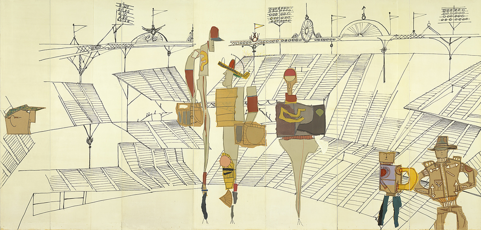 Saul Steinberg - The Americans: The Americans. Baseball, 1958. Collage of cut out or wrapped out wrapping paper, wax crayon, pastel, India ink on printed photo-paper, glued on
cardboard and attached on double-thick Triplex-plate
 / panels each 300 x 90 cm, 1  panel 300 x 64 cm. Musées royaux des Beaux-Arts de Belgique, Bruxelles © The Saul Steinberg Foundation / VG Bild-Kunst 2013.