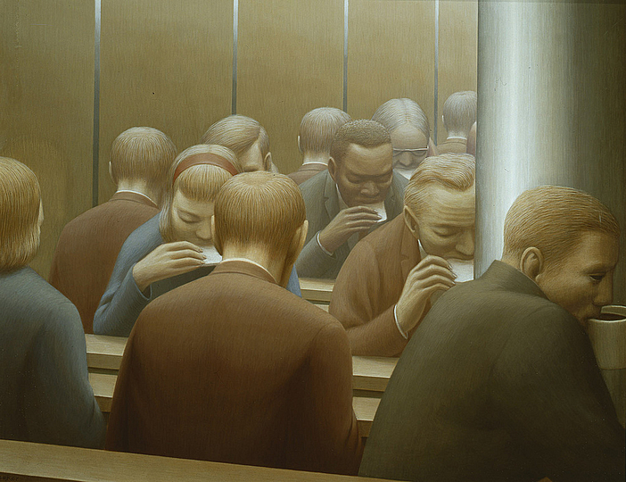Through the Eyes of George Tooker: Lunch, 1964.  Egg tempera on gessoed panel, 20 x 26 in. Museum Purchase, Derby Fund, from the Philip J. and Suzanne Schiller Collection of American Social Commentary Art 1930-1970
