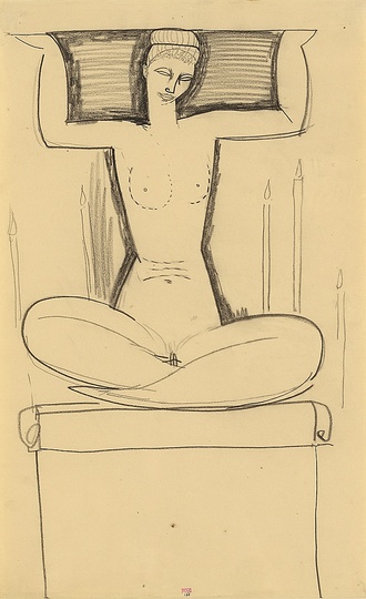 Modigliani: Your real duty is to save your dream: Caryatid Seated on Plinth with Lighted Candles
n.d
Black crayon
42.7x26cm
Courtesy: Richard Nathanson, London. Modigliani’s admiration for the serene beauty and quiet strength of the
Buddha figures he saw at the Musée Guimet is evident in this gently erotic,
otherworldly drawing.
The sculptor Jacob Epstein remembers seeing Modigliani’s studio filled with
nine or ten long heads and one figure. ‘At night’, Epstein recalled, ‘he would
place candles on the top of each one and the effect was that of a primitive
temple.’ According to his dealer, Paul Guillaume, Modigliani dreamt of
creating a temple to mankind.
The caryatid was a supporting feature in classical Greek architecture as in the
caryatid figures on the Erechtheion at The Acropolis. And thinking perhaps
of the Greek god Atlas condemned to support the sky on his back, Modigliani
created his own symbolic caryatids whose ‘Beauty’ would save the world.
