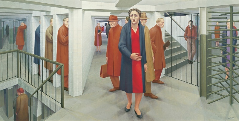 Through the Eyes of George Tooker: George Tooker, The Subway, 1950. Egg tempera on composition board, 18 1/8 × 36 1/8 in. (46 x 91.8 cm). Whitney Museum of American Art, New York; purchase with funds from the Juliana Force © George Tooker