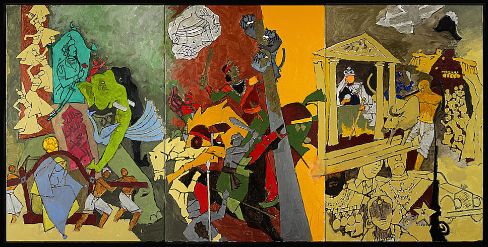 M.F. Husain - Chronicler of Everyday in India: M.F. Husain, Three Dynasties, 2008-2011. Courtesy of Usha Mittal, © Victoria and Albert Museum, London