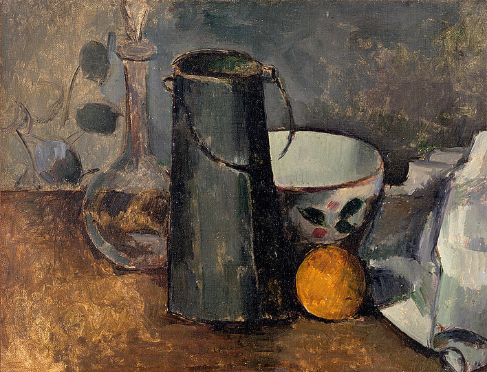 The World is an Apple.: Paul Cézanne, Still Life with Carafe, Milk Can, Bowl, and Orange (Carafe, boîte à lait, bol et orange), 1879–80, oil on canvas, 21 1⁄4 × 23 3⁄4 in. (54 × 60.3 cm), Dallas Museum of Art, 1985.R.10, The Wendy and Emery Reves Collection. Cézanne established his distinctive style through works such as Still Life: Flask, Glass, and Jug (c. 1877) and Apples and Cakes (1877), recasting the physical and perceptual relations between people and things.