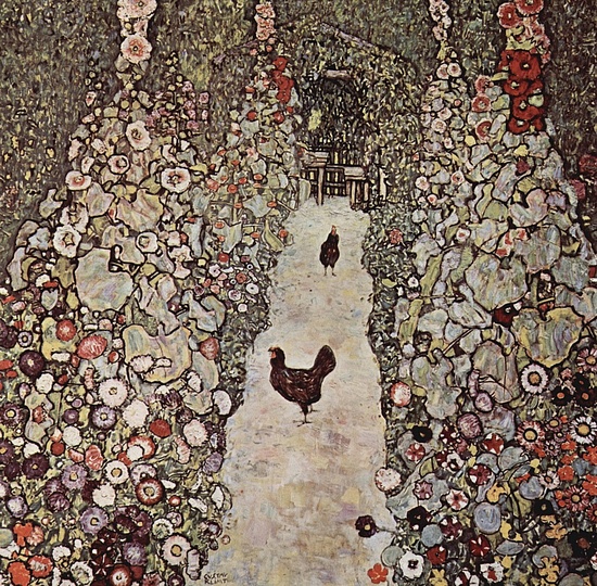 Gustav Klimt: Landscapes: Garden Path with Chickens, 1916, 110 x 110 cm, oil on canvas. Destroyed by a fire set by retreating German forces in 1945 at Schloss Immendorf, Austria.