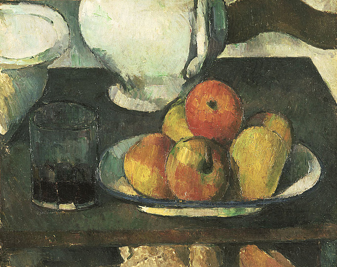 The World is an Apple.: Paul Cézanne, Still Life with Fruit and Glass of Wine (Nature morte avec fruits et verre de vin), 1877-79,  oil on canvas, 10 1⁄ 2 × 12 7⁄8 in. (26.7 × 32.7 cm), Philadelphia Museum of Art, 1950-134-32, The Louise and Walter Arensberg Collection. His paintings invite viewers to rethink the world and the place of man and objects in it.