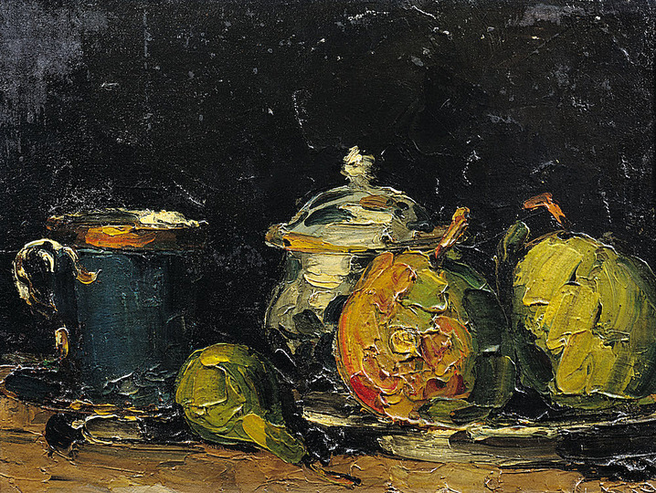 The World is an Apple.: Paul Cézanne, Sugar Bowl, Pears, and Blue Cup (Sucrier, poires et tasse bleue), c. 1866, oil on canvas, 11 13⁄16 × 16 in. (30 × 40.6 cm), Paris, Musée d’Orsay, on deposit at the Musée Granet, Aix-en-Provence. Soon after arriving in Paris in the 1860s, Cézanne became a notorious figure, unprecedented in the history of French art. At the center of his radical self-fashioning were his still lifes of often glaring colors, skewed perspective, and thickly painted surfaces that unmoored objects and their meanings from conventional representation.
