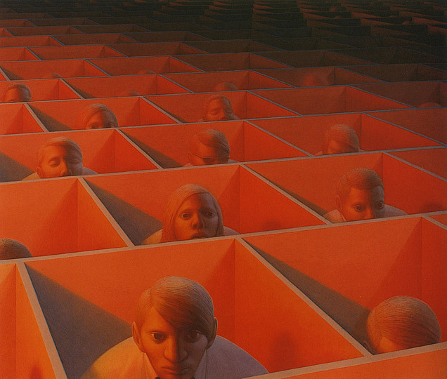 Through the Eyes of George Tooker: Landscape with Figures, 1965-66. Egg tempera on gessoed panel, 26 x 30 inches. Private Collection.