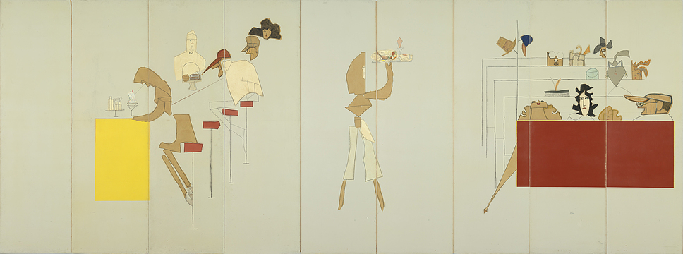 Saul Steinberg - The Americans: The Americans. Drugstore – Small Town, 1958. Collage of cut out or wrapped out wrapping paper and wallpaper, wax crayon, pastel, oil on double-thick painted Triplex-plate 8 panels each 300 x 90 cm, 1 panel 300 x 83 cm. Musées royaux des Beaux-Arts de Belgique, Bruxelles © The Saul Steinberg Foundation / VG Bild-Kunst 2013.