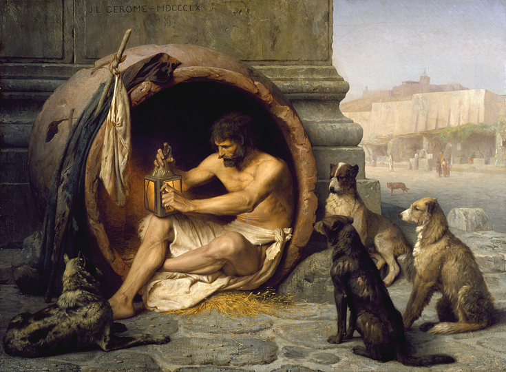 Indolence in Art: Jean-Léon Gérôme,  Diogenes of Sinope, 1860. Walters Art Museum.
The Greek philosopher Diogenes (404-323 BC) is seated in his abode, the earthenware tub, in the Metroon, Athens, lighting the lamp in daylight with which he was to search for an honest man. His companions were dogs that also served as emblems of his 