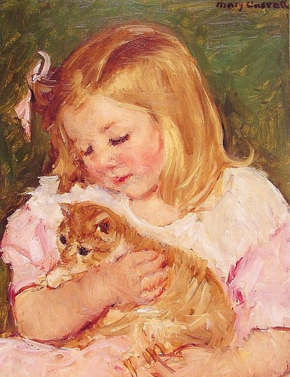 Cats in Art: Sara holding a cat painted by Mary Cassatt.