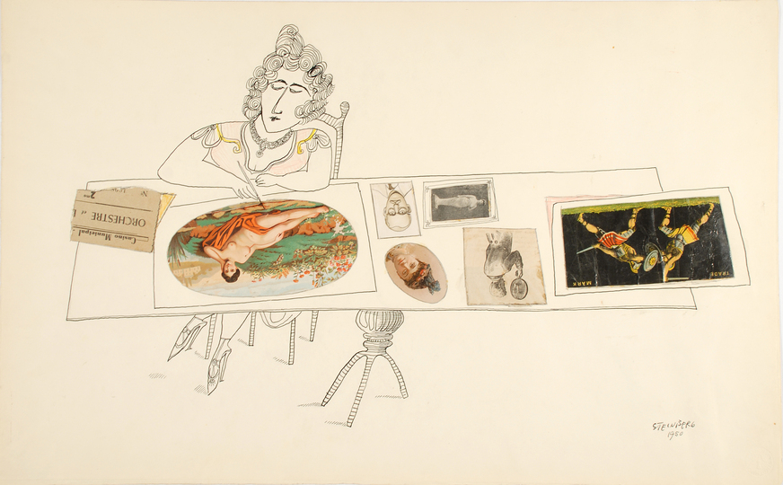 Saul Steinberg - The Americans: Untitled [Drawing Table], 1950 Ink, colored pencil, graphite, and collage on paper, 36,8 x 59,7 cm, The Saul Steinberg Foundation, New York © The Saul Steinberg Foundation / VG Bild-Kunst 2013.