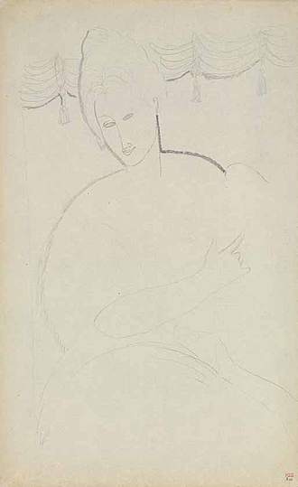 Modigliani: Your real duty is to save your dream: The tilted head, hair piled high, the gently curving shoulders and sweetness
of expression, seem to foretell Modigliani’s loving 1918 portrait of Jeanne
Hebuterne in the Norton Simon Museum, Pasadena, painted some seven
years later.
That this rare sheet should contain two such tender, sensitive and very
different drawings, and that each should be so prescient of a major late
painting, seems destined to remain a mystery; but again demonstrates
how the genesis of his later works is often so apparent in drawings made
years before.