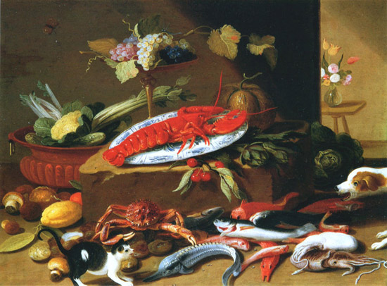 Cats in Art: Dog and cat at a lobster by Jan van Kessel III
