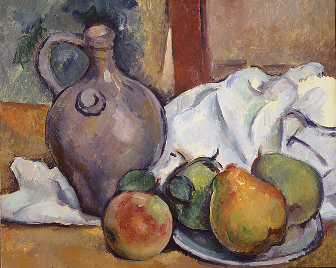 The World is an Apple.: Paul Cézanne, Pitcher and Plate with Pears (Pichet et assiette de poires), 1895–98, oil on canvas, 19 5⁄16 × 23 3⁄16 in. (49 × 59 cm), Private Collection (Courtesy Nancy Whyte Fine Arts, Inc).