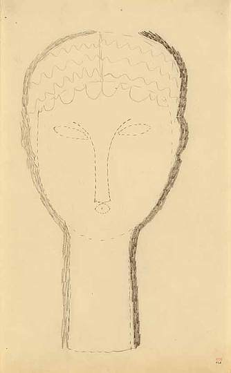 Modigliani: Your real duty is to save your dream: The short, rhythmic, ‘chiselled’ strokes around the head, and
delicate line of the eyebrows ‘flowing’ into the bridge of the
nose, suggest this drawing was done at about the same time as
his finely carved Head of a Woman.
It is fascinating to consider this mysterious, anonymous
head in relation to the portrait of his lover Beatrice Hastings,
painted some five years later.