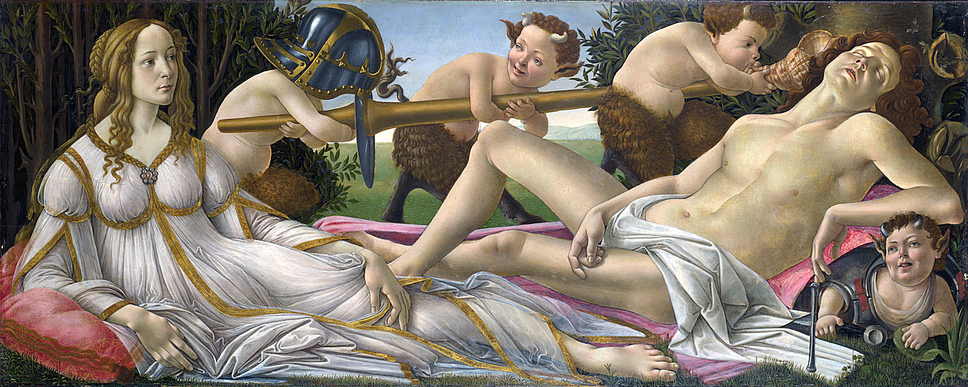 Indolence in Art: Mars and Venus is a c. 1483 painting by the Italian Renaissance master Sandro Botticelli. It shows the Roman gods Venus and Mars in an allegory of beauty and valor. The youthful and voluptuous couple recline in a forest setting, surrounded by playful satyrs. The painting is typically held as an ideal of sensuous love, pleasure and play.