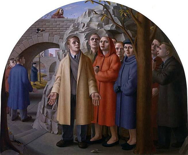 Through the Eyes of George Tooker: Bird Watchers, 1948. Egg tempera on gessoed board, 26 ¾ x 32 ¾ inches. New Britain Museum of American Art, Gift of Olga H. Knoepke. Private Collection.