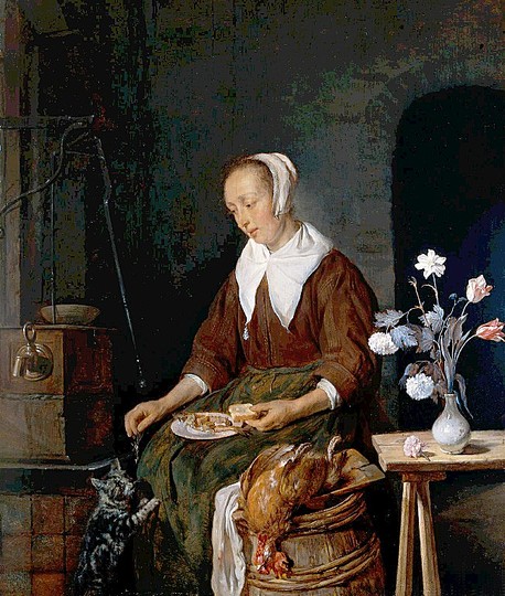 Cats in Art: Flemish girl feeding cat by Metsu.
