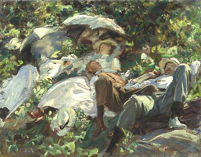 Indolence in Art: Group with Parasols, John Singer Sargent, c. 1905. Collection of Rita and Daniel Fraad. Oil on canvas. 55.2 x 70.8 cm (21 3/4 x 27 7/8 in.)