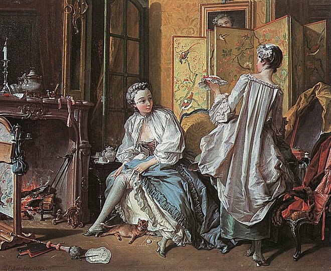Indolence in Art: François Boucher, La Toilette, 1742. Boucher is no stranger to illustrating the foibles of pretty ladies. A toilette scene is a reflection of French society within the warmth of a lady’s aristocratic home.  It was the time of Louis XV and Pompadour, Lyon silk and red heels, Voltaire and Versailles:  a time of languid enlightenment and sleepy elegance.