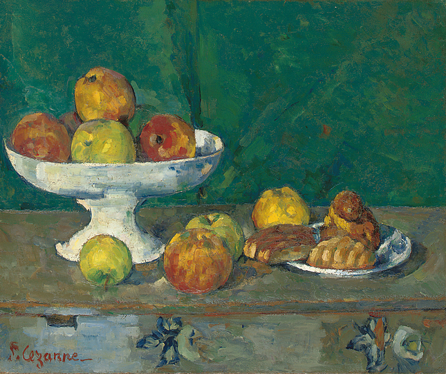 The World is an Apple.: Paul Cézanne, Apples and Cakes (Pommes et gateaux), 1873–77, oil on canvas, 18 1⁄8 × 21 3⁄4 in. (46 × 55.2 cm), Private Collection, Copyright: © Christie’s Images Limited (2005). Extending their traditional meanings as symbols of abundance, vanity, or rusticity, Cézanne used apples, skulls, or crockery to create a visual language of punning juxtapositions and poetic allusion.