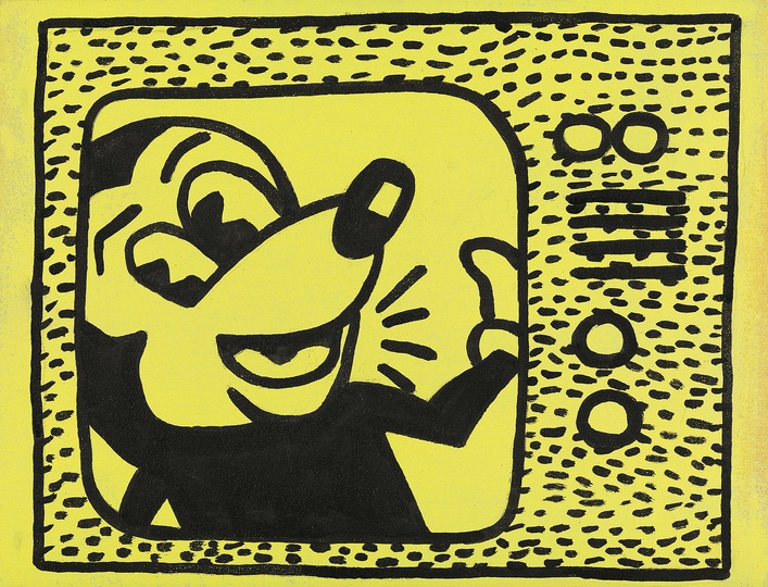 Sturtevant Double Trouble: Sturtevant. Haring Tag July 15 1981. 1985. Sumi ink and acrylic on cloth. 9 13/16 × 12 13/16″ (25 × 32.5 cm). Estate Sturtevant, Paris. Courtesy Galerie Thaddaeus Ropac, Paris–Salzburg. Photo: Prallen Allsten. © Estate Sturtevant, Paris