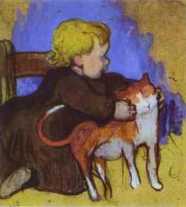 Cats in Art: Mimi and her cat by  Paul Gauguin