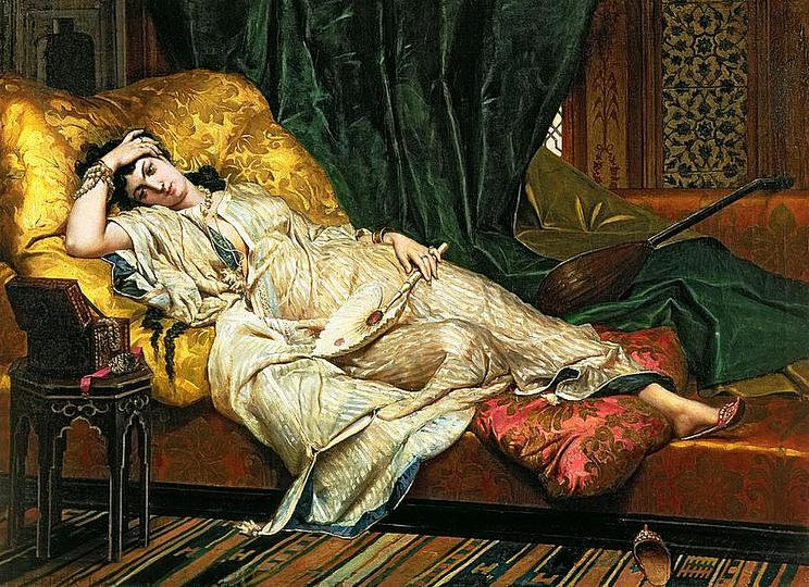 Indolence in Art: Hippolyte Berteaux, Odalisque with a Lute, 1876, Galerie Nataf, Paris, France 
