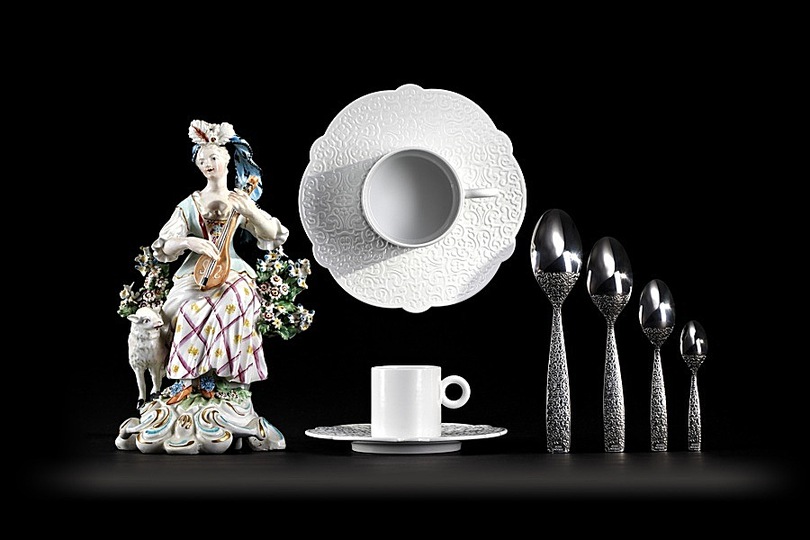 Marcel: Marcel Wanders, Dressed, tableware collection, 2011

Alessi, glazed porcelain, stainless steel, polished (Art direction photo: Marcel Wanders)