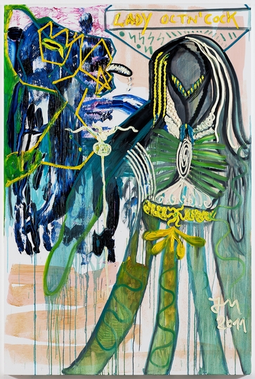 Who is Jonathan Meese?: HOTCOCKCOOK: AM GEILN’ KIEMNSEE HAB’ ICH’S UNTENRUM HUFEISENFÖRMIG SCHNACKSLN SEHN, SPÄTER ERSCHIEN PASO DOBLÉBLÄH ..., 2011, Oil on canvas, 210,5 x 140,4 cm. Privatsammlung, Berlin © Bildrecht, Wien, 2013. Photography Jan Bauer.Net: Courtesy JonathanMeese.Com.